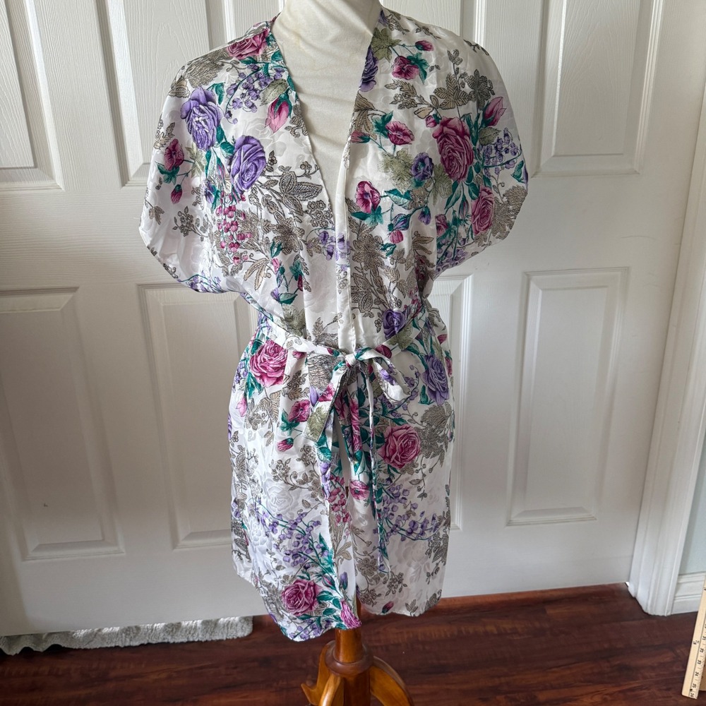 California Dynasty Vintage Floral Robe White Purple Pink Jacquard 166B86Z Large